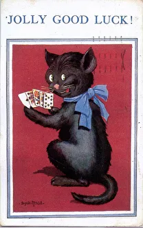 Good Luck Postcard, Black Cat With Playing Cards Date: 20th Century