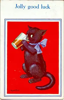 Luck Prints: Good Luck postcard, Black cat drinking beer Date: 20th century