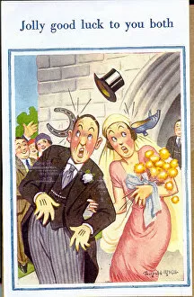 Throwing Gallery: Good Luck postcard, Bride and groom leaving church