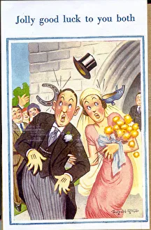 Throw Gallery: Good Luck postcard, Bride and groom leaving church
