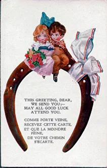 Horseshoe Prints: Good luck postcard, Little boy and girl, wedding. Date: early 20th century
