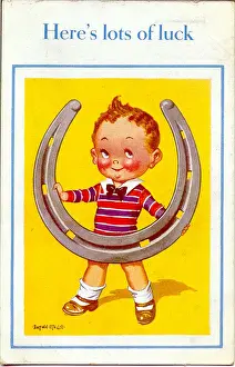 Horseshoe Prints: Good Luck postcard, Little boy with horseshoe Date: 20th century