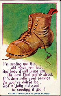 Good luck postcard, Old boot for a soldier, with verse. Date: 1914-1918