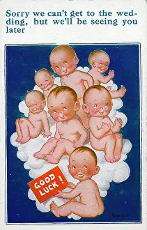 Result Prints: Good luck wedding postcard, seven babies on a cloud Date: 20th century
