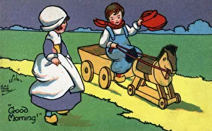 Clogs Gallery: Good Morning! A Young Dutch Boy greets his girl and suggests a ride in his hobby horse-drawn cart