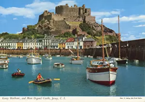 Mont Prints: Gorey Harbour, and Mont Orgueil Castle, Jersey, Channel Islands. Date: 1960s
