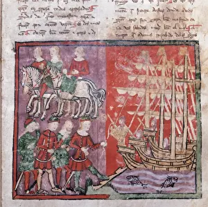 Cavalryman Prints: Gothic Art. Spain. Miniature depicting knights embarking