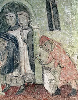 Gothic art. Stonemason with some monks, c. 1360. Wall painti