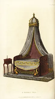 Manufactures Prints: A Gothic bed in the florid style with bedside table