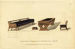 Furnishings Prints: Gothic sofa, table, chair and footstool for a library, 1810