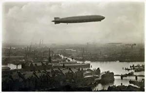 Crane Prints: Graf Zeppelin flying over the Port of Hamburg, Germany