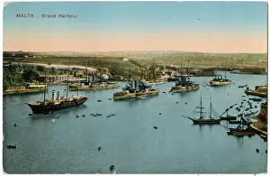 Grand Harbour at Malta, with battleships and Royal Yacht