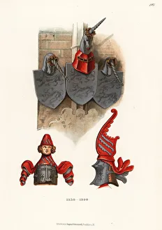 Images Dated 1st June 2019: Great helms and shields with heraldic crests, 14th century