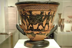 Greek art. Attic krater painted with black figures represent