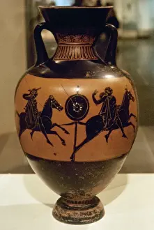 Ceramics Prints: Greek art. Panathenaic amphora. Black figures. Riders throwi