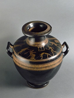 Acrobatics Gallery: Greek Hydria depicting an auletris, two dancers playing