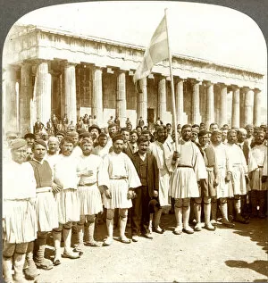 Greek peasant army recruits in front of Temple of Theseus