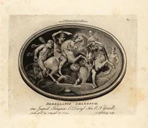 Antiquarian Prints: Greek warriors defeating Amazons on horseback