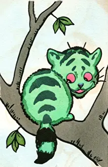 Lewin Prints: Green cat in a tree on a postcard