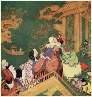 The Green Serpent, a French fairy tale. Laideronnette kissed and embraced the good Fairy Protectress. Illustration by Edmund Dulac. Date: 1916