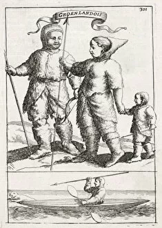 1719 Collection: GREENLANDERS An eskimo family, and a hunter in his kayak. Date: 1719