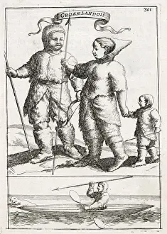 Eskimo Prints: GREENLANDERS An eskimo family, and a hunter in his kayak. Date: 1719