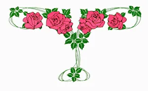 Greetings Card Art Nouveau Red Rose, Roses Flower Swag