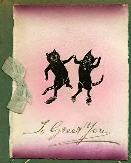 Images Dated 30th January 2017: Greetings card, two black cats dancing
