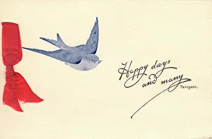 Bluebirds Prints: Greetings Card Ribbon Bow Blue Birds Bird Red