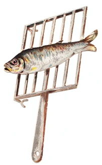 Victorian and Edwardian Christmas Cards Gallery: Greetings card in the shape of a fish on a griddle