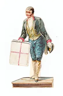 Greetings card in the shape of a footman with a parcel