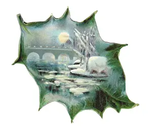 Greetings card in the shape of a green leaf with river scene