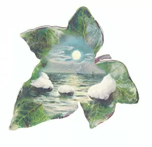 Greetings card in the shape of a green leaf with seascape