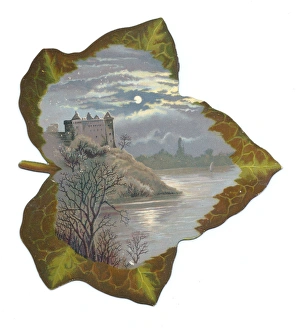 Images Dated 8th December 2015: Greetings card in the shape of a leaf with moonlit scene