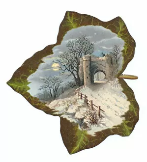 Images Dated 8th December 2015: Greetings card in the shape of a leaf with moonlit scene