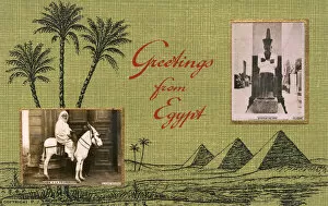 Sheik Collection: Greetings from Egypt - Pharoah Statue and Sheik on a Mule