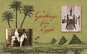 Pharoah Prints: Greetings from Egypt - Pharoah Statue and Sheik on a Mule