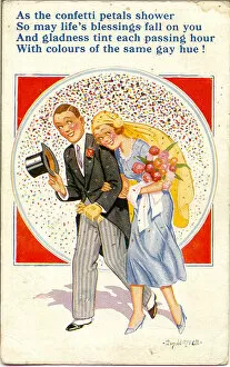 Greetings postcard, Bride and groom Date: 20th century
