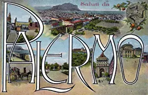 Sicilian Prints: Greetings Postcard - Palermo, Sicily, Italy. Date: circa 1908