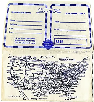 Coaches Prints: Greyhound Lines, ticket wallet including USA routes map