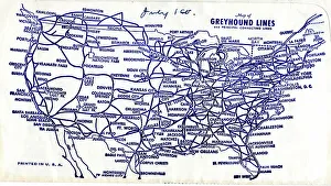 Continent Prints: Greyhound Lines, ticket wallet, USA routes map