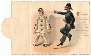 Grinning policeman and clown on a Christmas card