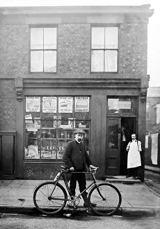 Cyclist Prints: Grocery shop and cyclist in Rawtenstall, early 1900s