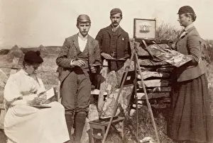 Student Prints: A group of art students, outdoors, with palettes and easels - two men and two women