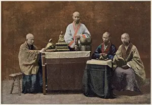 A group of BONZES - Buddhist priests, with shaved heads Date: 1890s