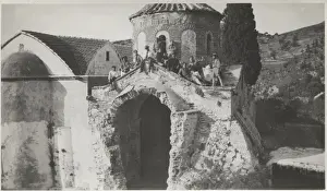 Cypriot Prints: Group of boy scouts outside Byzantine church, Cyprus