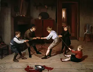 Geffrye Museum Prints: A group of children playing at tug of war in a domestic inte
