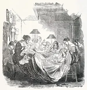 A group of female dressmakers working together on an elaborate evening gown. Date: 1853