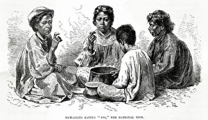 A group of Hawaiians sitting eating Poi the national dish. Date: 1870