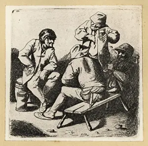 Purse Prints: Group of men drinking and smoking, seated on bench and barrel, 1